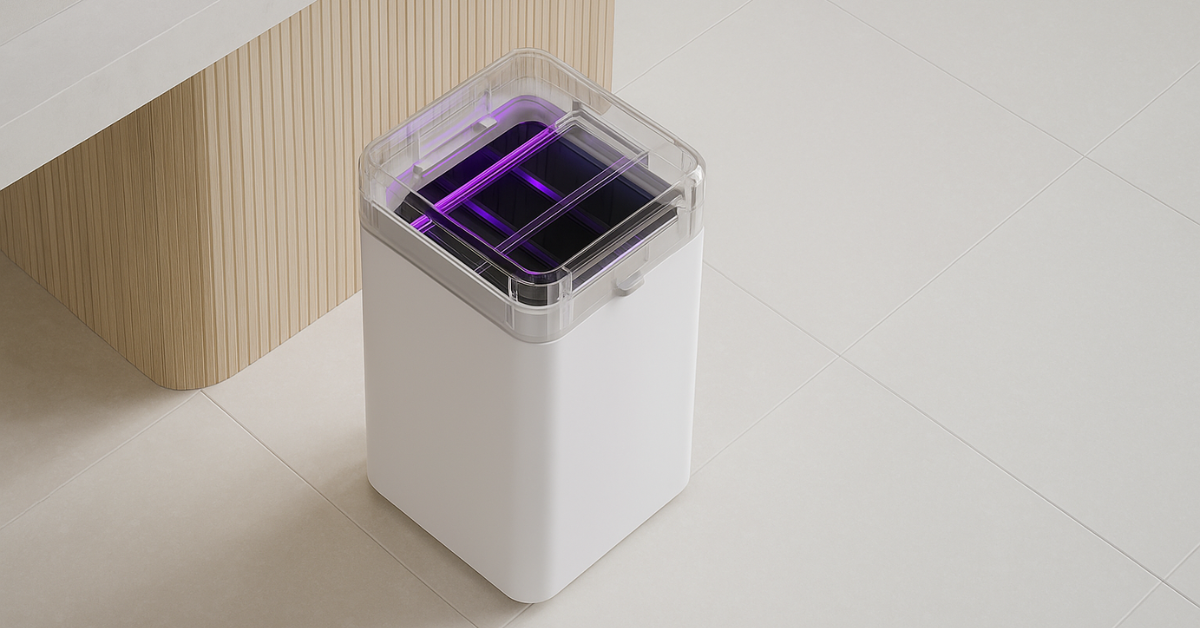 Smart trash can with illuminated lid in a minimalist room, designed to simplify household chores through automatic sealing and odor control.