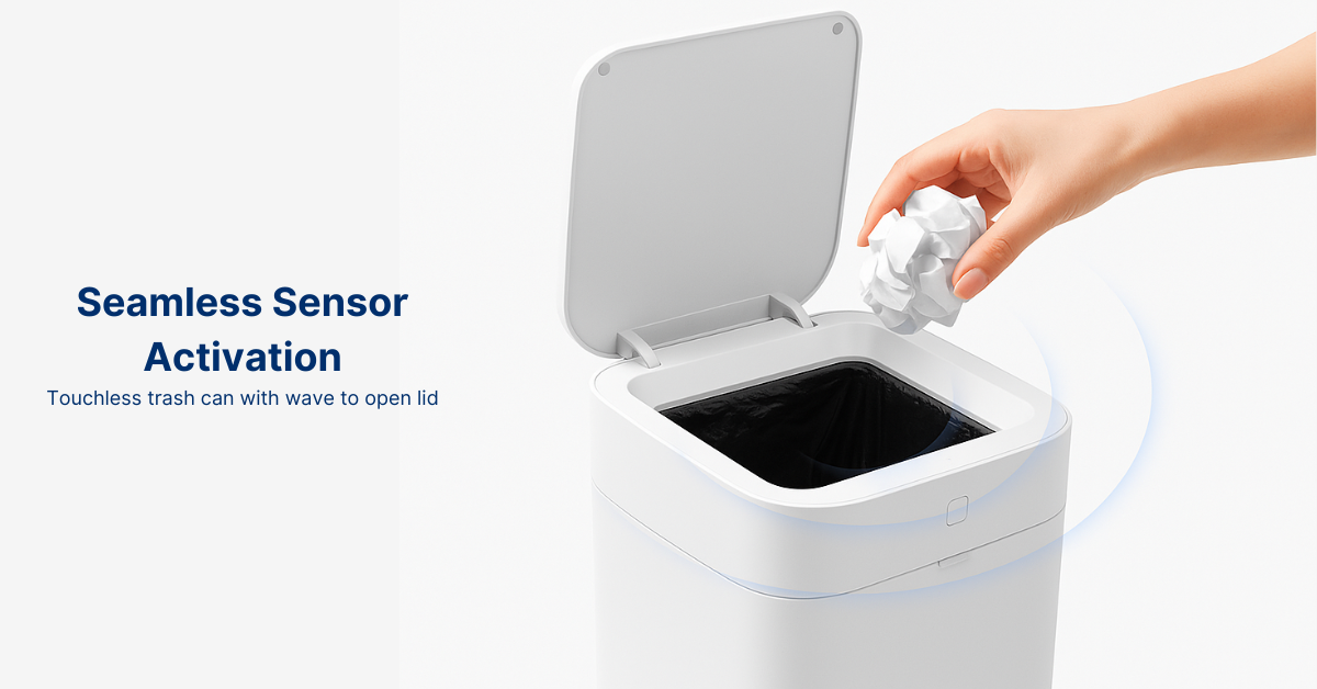 Touchless smart trash can with sensor-activated lid opening automatically for hands-free waste disposal, promoting better hygiene at home.