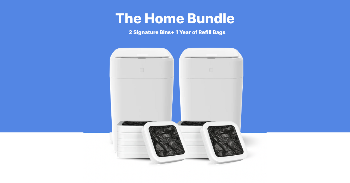 Trash King™ Home Bundle with two Royal Bin™ smart trash cans and refill rings, ideal for busy families needing hands-free convenience and odor control in multiple rooms.