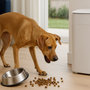 Golden dog eating near a smart trash can with spilled kibble on the floor in a clean, modern living room.