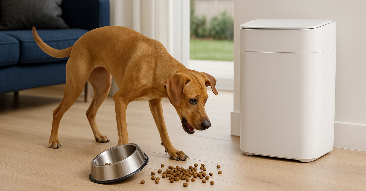Golden retriever eating next to the Royal Bin™ smart trash can in a bright family living space with spilled kibble nearby.