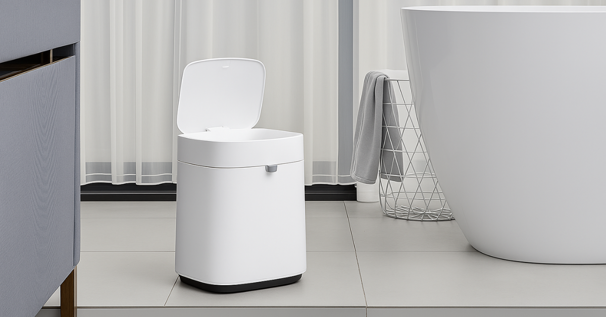 Compact smart trash can with open lid placed beside a bathtub in a minimalist bathroom, ideal for small living spaces.