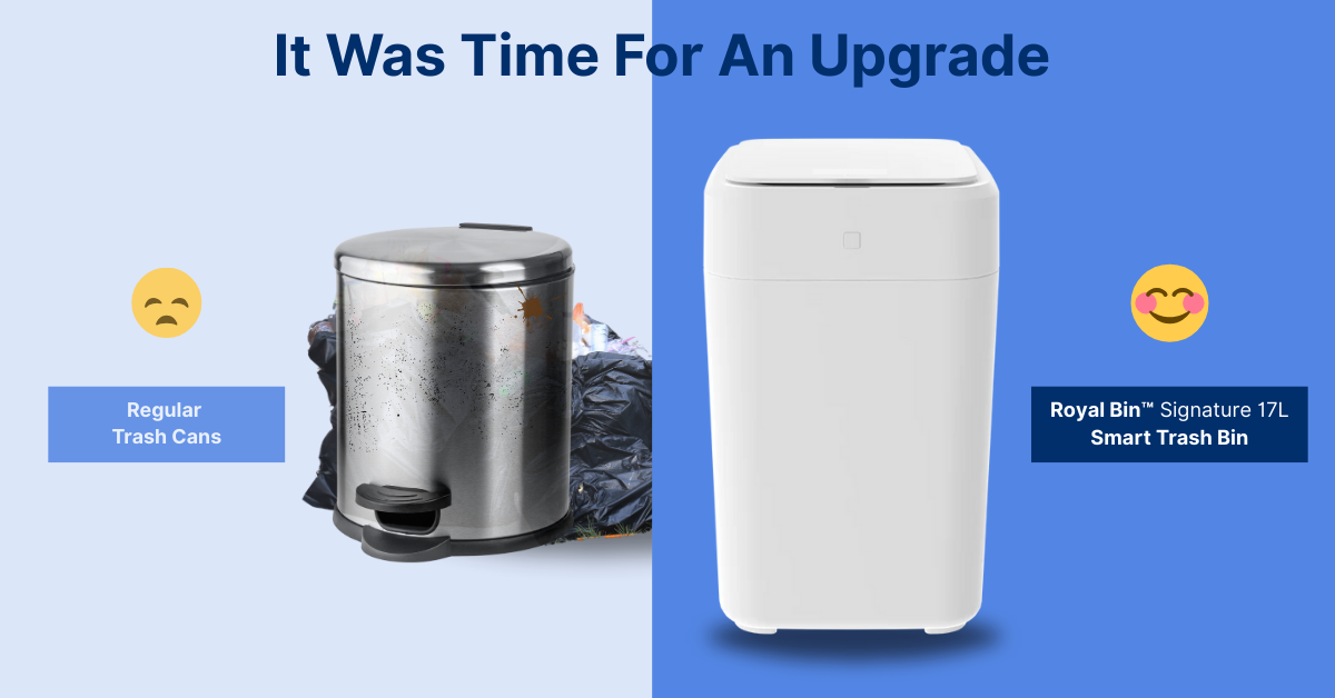Side-by-side comparison of an old traditional trash can vs. the Royal Bin™ Signature 17L smart trash can with the text 'It Was Time For An Upgrade' — illustrating the modern upgrade.