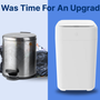 Comparison graphic showing a traditional metal trash can beside the Royal Bin™ Signature 17L smart trash can with the caption 'It Was Time For An Upgrade' — highlighting the modern design upgrade.
