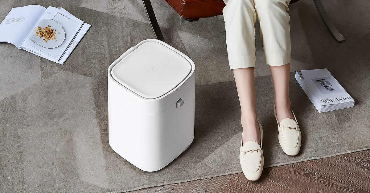 Trash King Royal Bin smart trash can placed beside a modern chair in a stylish living room, highlighting its sleek, touchless design for minimal home aesthetics.