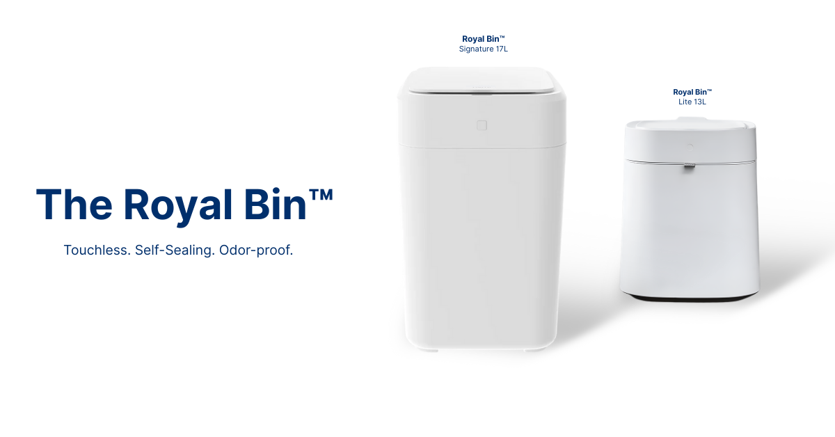 Royal Bin™ smart trash cans shown in minimalist kitchen-ready design — ideal for modern households in 2025.
