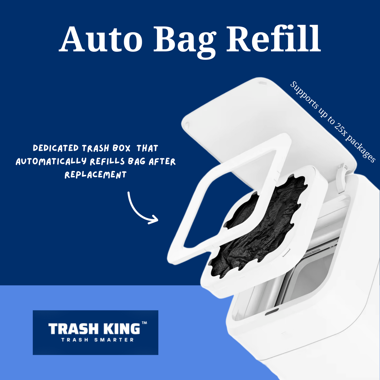 Trash King Royal Bin automatic trash bag refill feature for seamless trash management