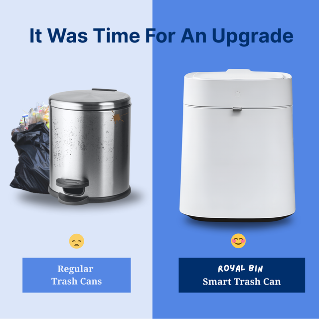 Side-by-side comparison of a dirty traditional trash can with garbage overflow versus the clean, modern Royal Bin™ Lite 13L smart trash can, highlighting the upgrade in hygiene and design