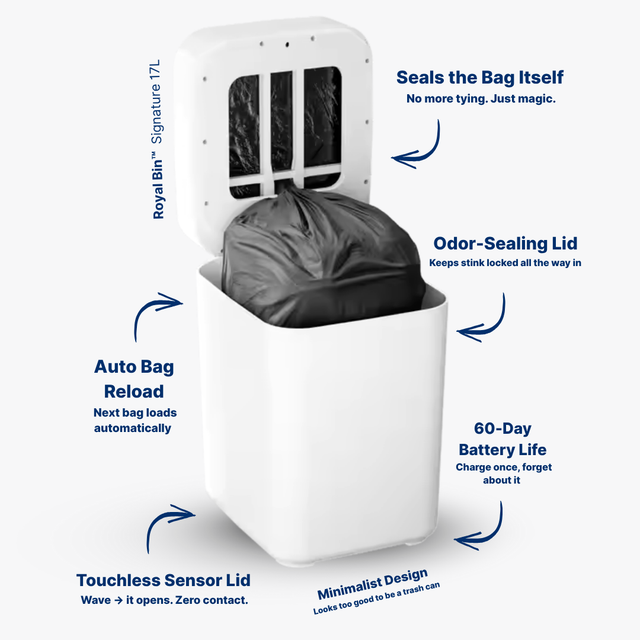 Royal Bin™ Signature 17L – Touchless, Self-Sealing Smart Trash Can