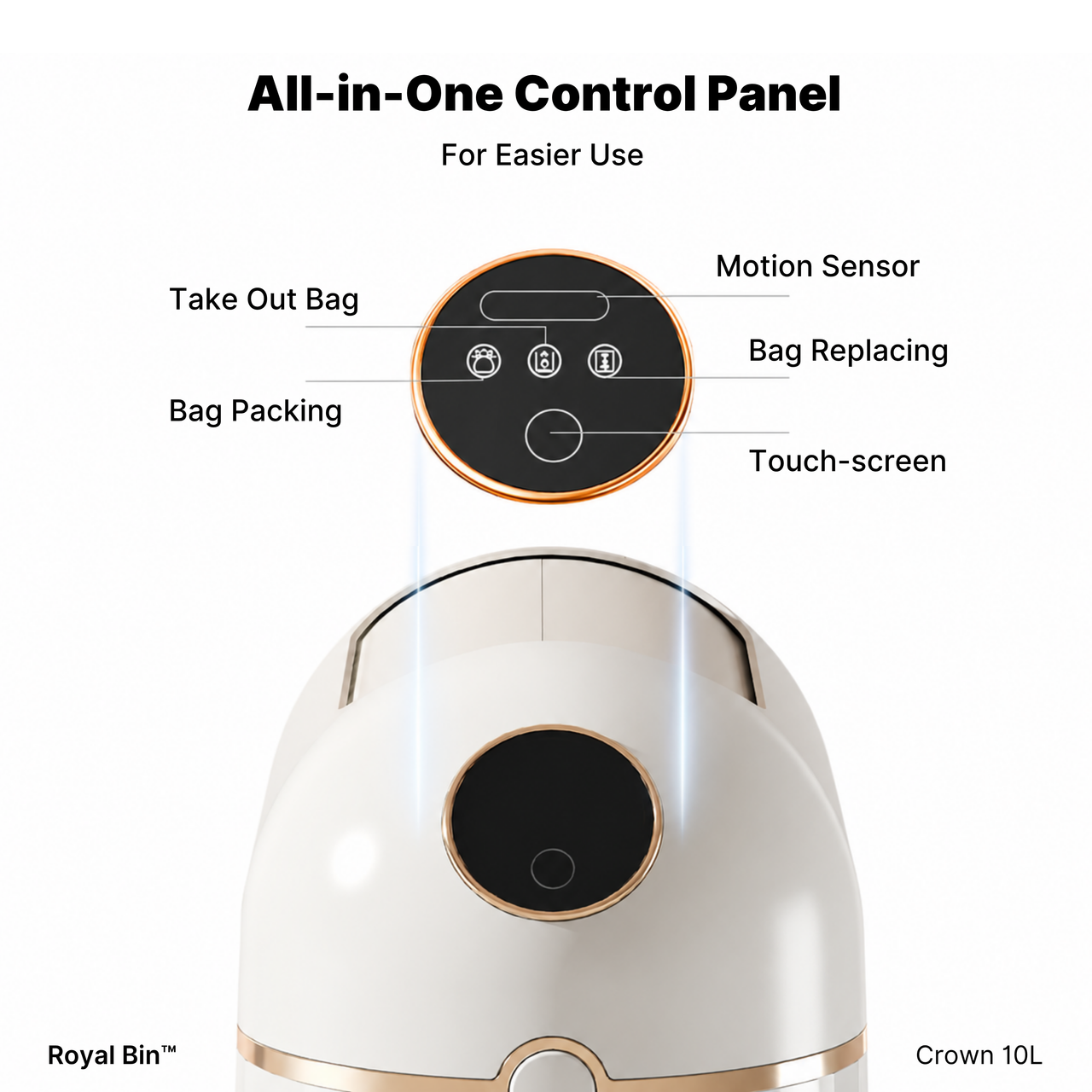 Royal Bin™ Crown 10L – Smart Touchless Self-Sealing Trash Can