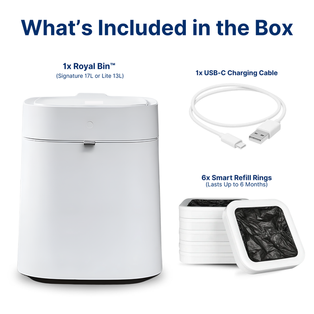 Trash King™ Royal Bin box contents including 1x Royal Bin (Signature 17L or Lite 13L), 1x USB-C charging cable, and 6x smart refill ring lasting up to 6 month