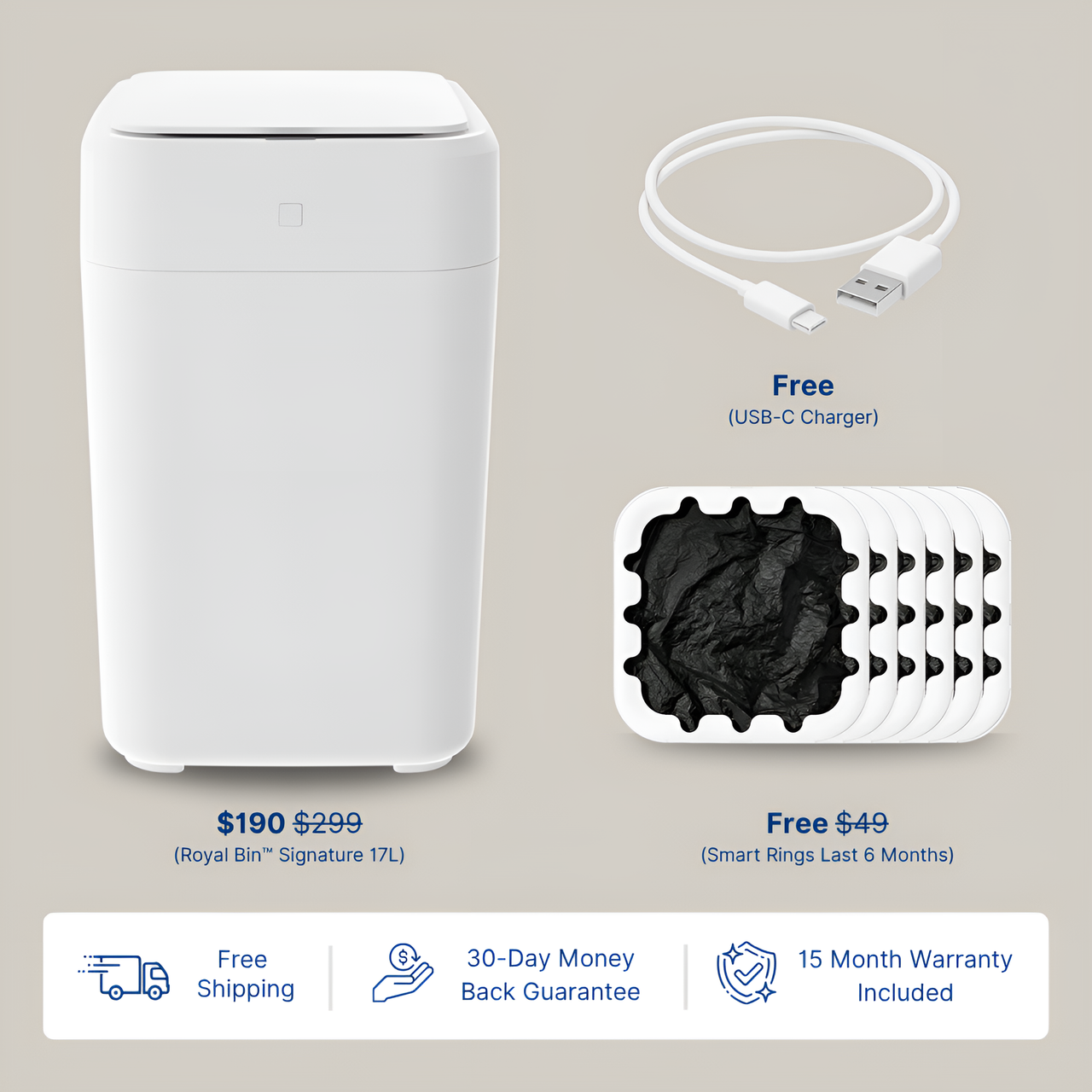 Royal Bin™ Signature 17L – Touchless, Self-Sealing Smart Trash Can