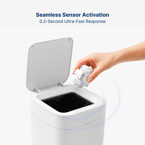 Hand activating the Royal Bin™ Signature 17L smart trash can via ultra-fast 0.2-second motion sensor, showcasing seamless touchless waste disposal technology