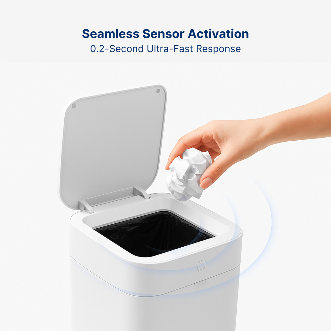 Hand activating the Royal Bin™ Signature 17L smart trash can via ultra-fast 0.2-second motion sensor, showcasing seamless touchless waste disposal technology