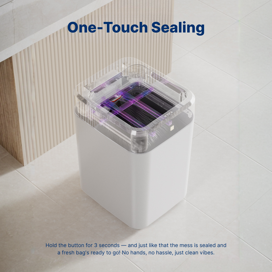 Top view of the Royal Bin™ Signature 17L showing automatic one-touch sealing mechanism in action, highlighting hands-free bag sealing and fresh bag prep feature