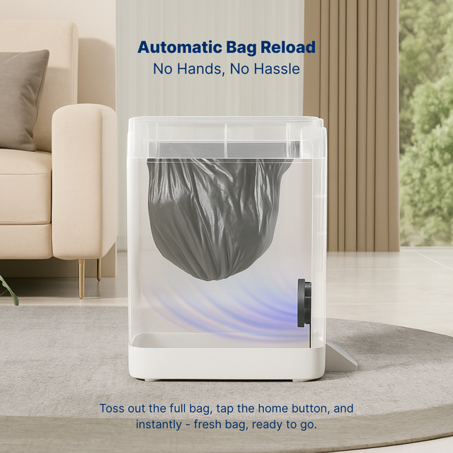 Royal Bin™ Signature 17L smart trash can auto-reloading a new trash bag with hands-free technology in a modern living room setting
