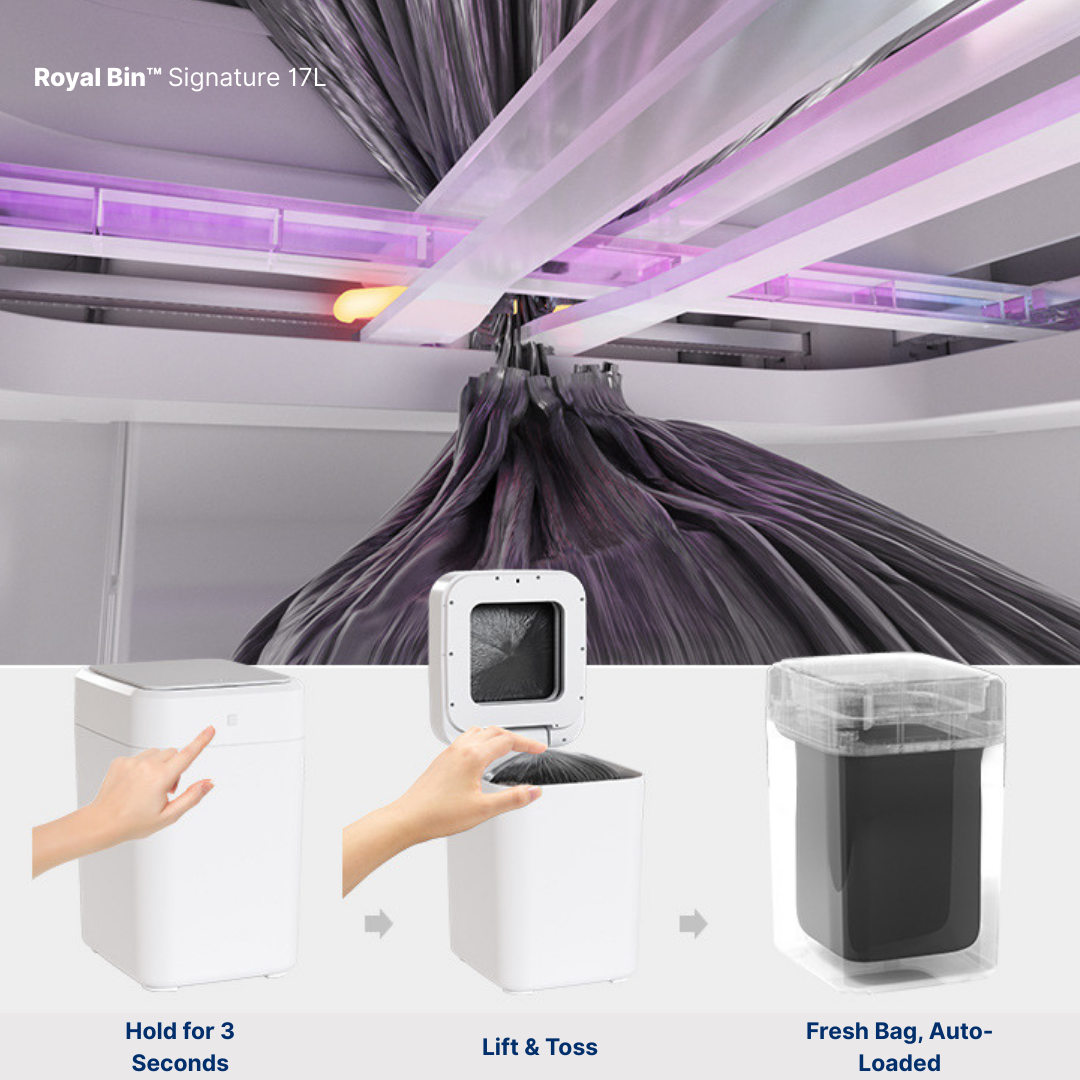Step-by-step visual of Royal Bin™ Signature 17L auto-sealing process, showing 3-second hold, hands-free trash disposal, and automatic bag reload with built-in LED sensors