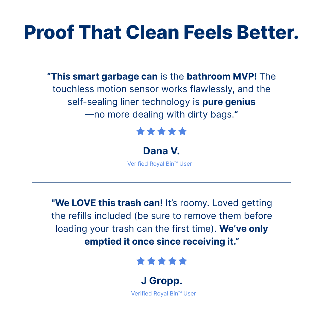 Verified customer reviews of the Royal Bin™ Signature 17L smart trash can highlighting hands-free motion sensor, self-sealing technology, and included refill bags