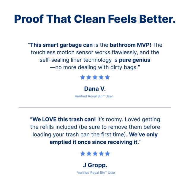 Verified customer reviews of the Royal Bin™ Signature 17L smart trash can highlighting hands-free motion sensor, self-sealing technology, and included refill bags