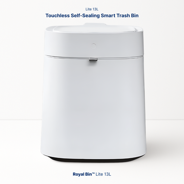 Royal Bin™ Lite 13L touchless self-sealing smart trash can with minimalist design, shown on clean white background — ideal for compact modern living spaces