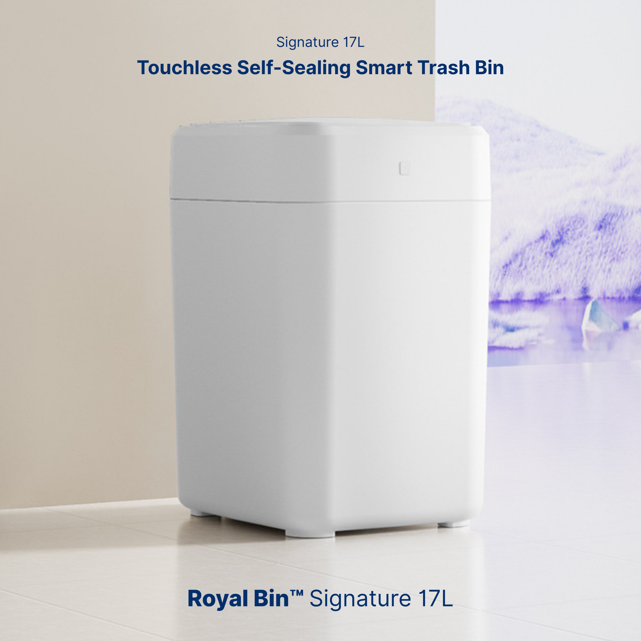 Royal Bin™ Signature 17L smart trash can with touchless lid and self-sealing feature, shown in a minimalist home setting with modern tile flooring and soft lighting