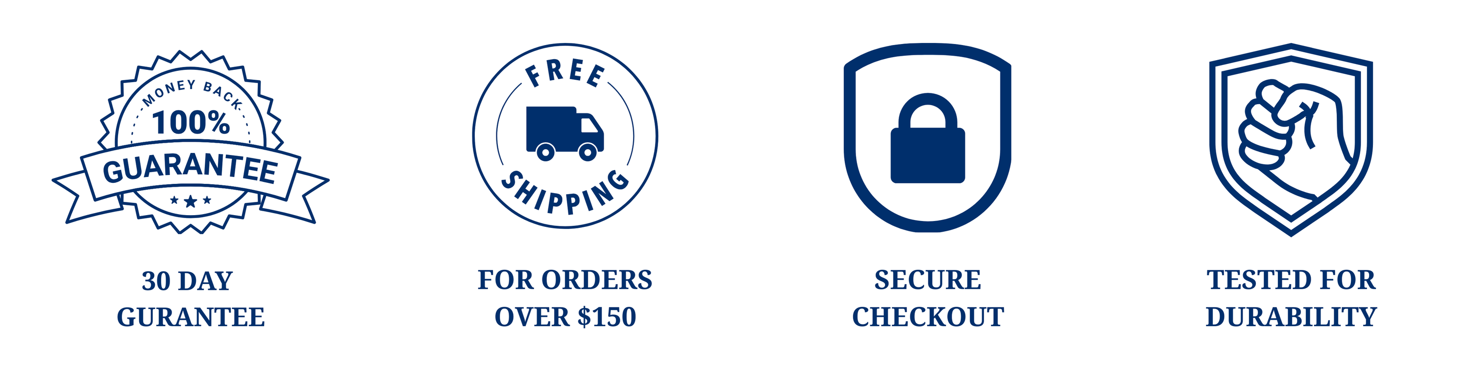 Icons highlighting 30-day money-back guarantee, free shipping over $150, secure checkout, and product durability for Trash King